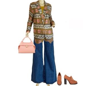 VINTAGE 1990'S BROWN, BLUE AND PINK PAUL HARRIS SOUTHWEST COTTON BLAZER (S)